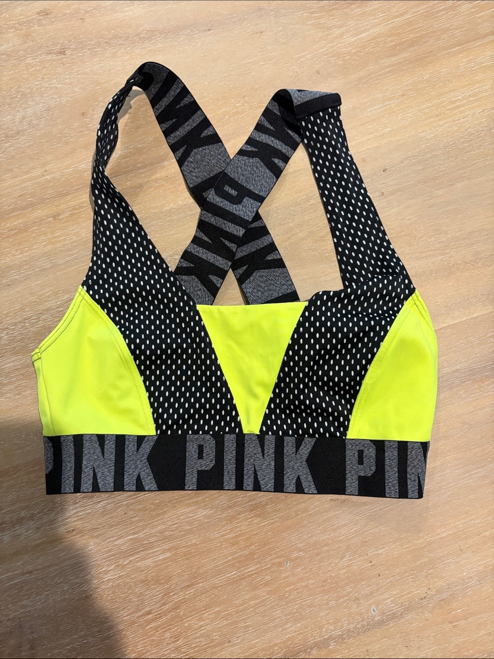 PINK Victoria's Secret Neon Yellow & Black Logo Sports Bra